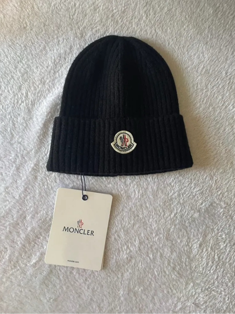 Moncler Black Ribbed Logo Beanie